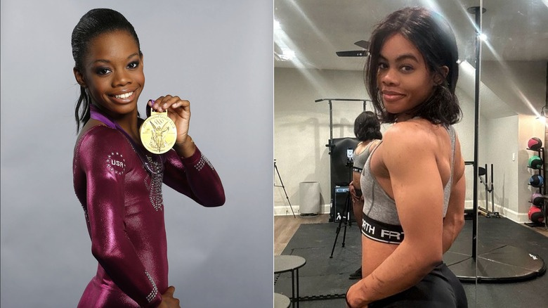   Gabby Douglas pózuje s medailí v tělocvičně