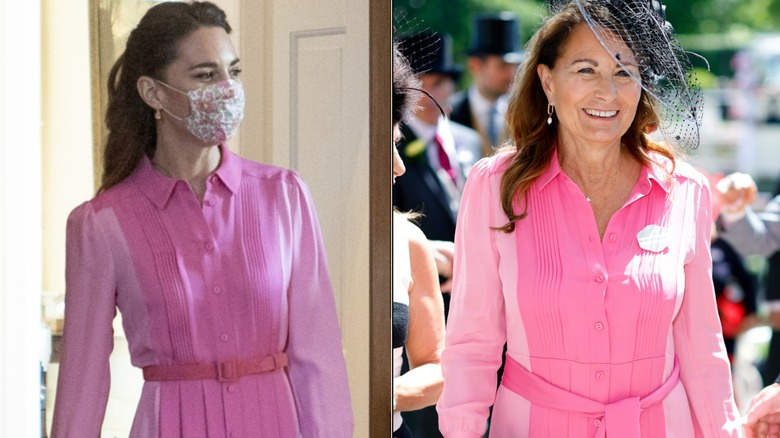  Kate Middleton dan Carole Middleton dalam balutan gaun berwarna pink yang sama.